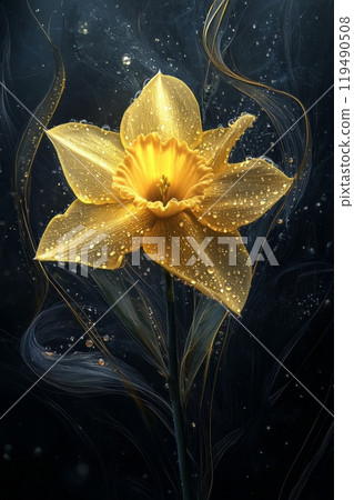 Dew kissed yellow daffodil blooming against a dark backdrop in a serene setting 119490508