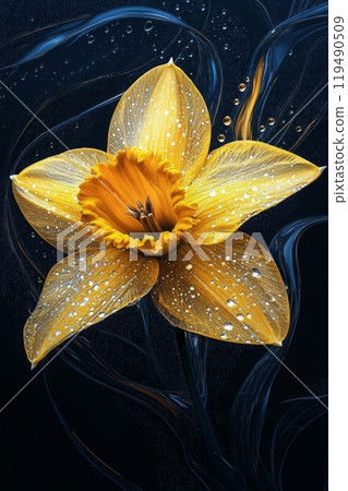 Dew kissed yellow daffodil blooming against a dark backdrop in a serene setting 119490509