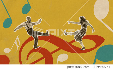 Couple engaged in playful dance routine, showcasing vintage-inspired moves. Contemporary art collage. Couple engaged in playful dance routine, showcasing vintage-inspired moves. Contemporary art collage. 119490754