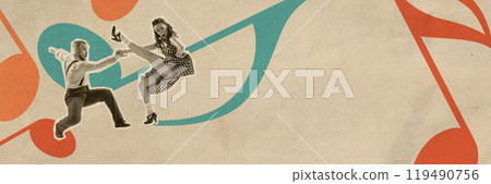 Retro dance duo in full motion. Passionate and stylish couple performing, dancing energetically. Contemporary art collage. 119490756