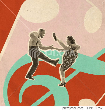 Playful retro dance routine. Dynamic image of artistic and energetic couple dancing. Contemporary art collage. Playful retro dance routine. Dynamic image of artistic and energetic couple dancing. Contemporary art collage. 119490757