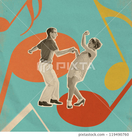 Retro swing dance couple in motion, man and woman dancing against abstract colorful background. Contemporary art collage. 119490760