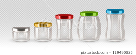 Five transparent glass jars with colorful lids in varying sizes arranged in a row on a transparent background. Canning and storage vector illustration. Five transparent glass jars with colorful lids in varying sizes arranged in a row on a transparent background. Canning and storage vector illustration. 119490825