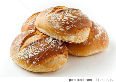 Freshly baked round bread loaf. Fresh buns on a white background Freshly baked round bread loaf. Fresh buns on a white background 119490949