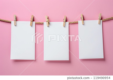 Empty paper sheet for notes, on a rope with clothespins, on a pink background 119490954