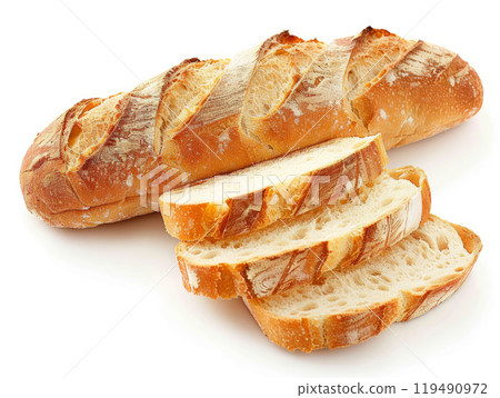 Cutting fresh baked loaf wheat baguette bread isolated on white 119490972