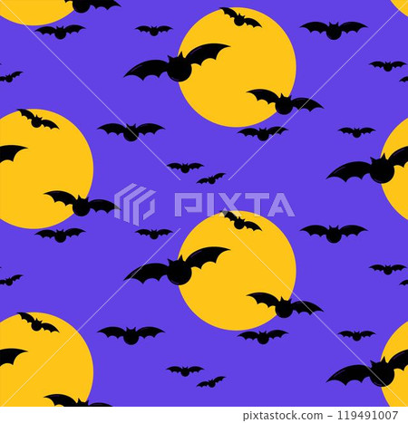 Halloween pattern with scary bats and full moon. Vector seamless background. Ready for printing on textile and other seamless design. 119491007