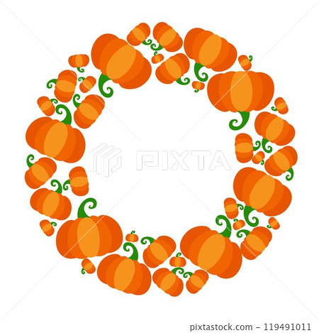 Harvest day, thanksgiving day, halloween cartoon round circle frame with pumpkins. Template for creating postcards, holiday flyers, advertisements 119491011