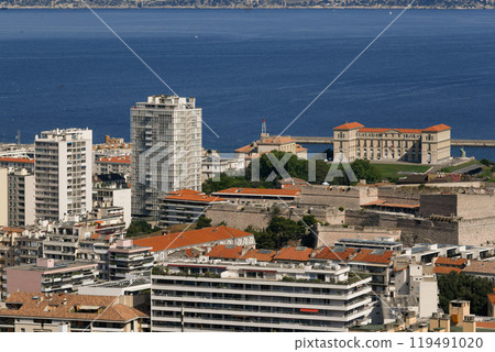 Marseille, France - June 7, 2024: Aerial View of Fortress Tower Historic Landmark Marina Port at 119491020
