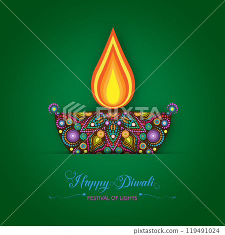 Diwali Diya Oil Lamp in rangoli design, floral pattern. Indian Festival of Lights, India Festive Celebration colorful paper cut template. Vector illustration isolated on green background 119491024