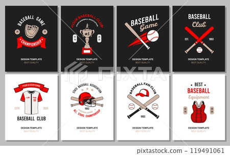 Baseball game cards. Fan club posters with emblems, sports uniforms and accessories, award cup, professional equipment glove, helmet, bats and balls, typography design, banners tidy vector set Baseball game cards. Fan club posters with emblems, sports uniforms and accessories, award cup, professional equipment glove, helmet, bats and balls, typography design, banners tidy vector set 119491061