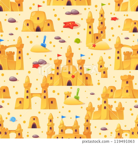 Cartoon sand castles seamless pattern. Repeated cute kids fortresses with towers, summer beach buildings, children games. Decor textile, wrapping, wallpaper design. Vector background 119491063