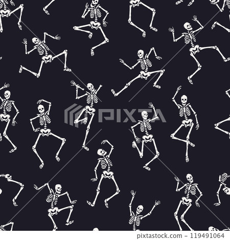 Cartoon skeletons dance seamless pattern. Halloween scary character in different poses, day of dead spooky mascot. Decor textile, wrapping, wallpaper. Print for fabric, tidy vector background 119491064