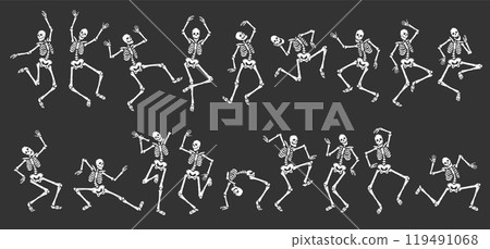 Creepy skeletons dancing. Funny halloween horror characters in different poses, day of dead mascots, holiday happy skull and bones, decorative cartoon flat style isolated tidy vector set 119491068