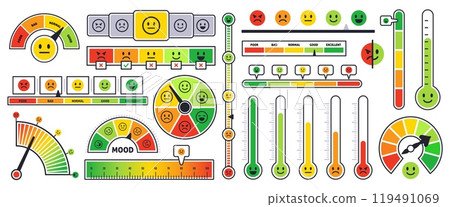 Customer satisfaction meter. Mood scale, indicators, sliders and buttons, emotions rate measuring, feedback app interface, infographics elements for site and presentation tidy vector set 119491069