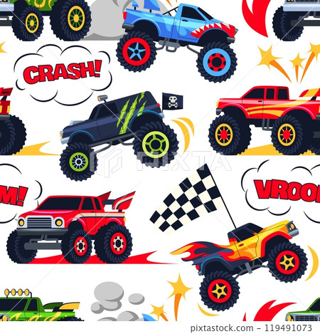Heavy cars seamless pattern. Repeated monster trucks with aggressive design and large wheels, american extreme show. Decor textile, wrapping paper, wallpaper. Tidy vector background 119491073
