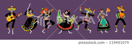 Mexican skeletons dance. Patterned sugar skulls in sombreros and bright traditional costumes and bright carnival dresses, dead day party, cartoon flat style isolated tidy vector set 119491074