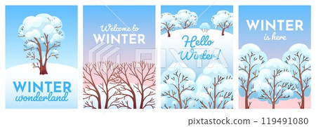 Winter snowy landscape cards. Frozen forest trees, cold season banners, snow drifts on branches, new year and christmas holiday, xmas posters design collection, cartoon flat isolated vector set 119491080