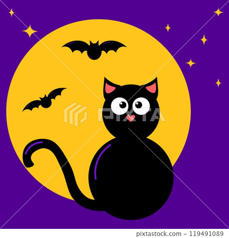 Cute and Spooky Halloween Black Cat Vector full moon and bats. ideal for cards and invitation 119491089