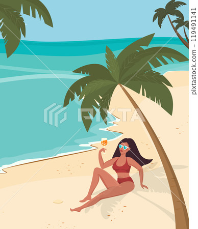 Beautiful young woman relaxing on a tropical beach holding a cocktail Beautiful young woman relaxing on a tropical beach holding a cocktail 119491141
