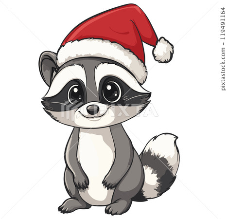 A cute raccoon wearing a festive Santa hat stands cheerfully, symbolizing holiday spirit and joy during winter festivities 119491164