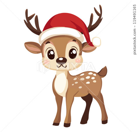 A cheerful cartoon deer wearing a Santa hat stands playfully amidst a festive background, capturing holiday spirit joyfully 119491165