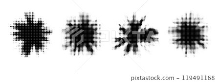 Four distinct black ink splatters vary in size and shape 119491168