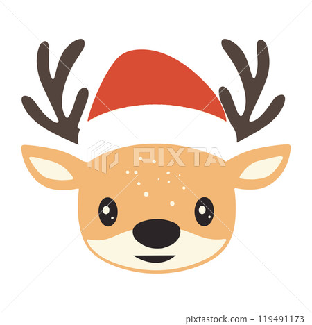 Cute reindeer wearing a red Santa hat with antlers depicted in a cheerful and festive style, perfect for holiday decorations or cards 119491173