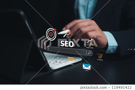 SEO, Marketing planning, Businessman use search engine to searching for information, Businessman search on virtual screen data search technology search engine optimization, Using web console for data. SEO, Marketing planning, Businessman use search engine to searching for information, Businessman search on virtual screen data search technology search engine optimization, Using web console for data. 119491422
