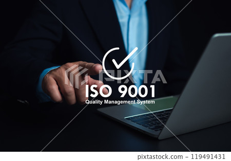 ISO 9001 Standard certification standardisation quality control concept. Businessman point your finger at text ISO 9001 for quality management of organizations, Certified and quality. ISO 9001 Standard certification standardisation quality control concept. Businessman point your finger at text ISO 9001 for quality management of organizations, Certified and quality. 119491431
