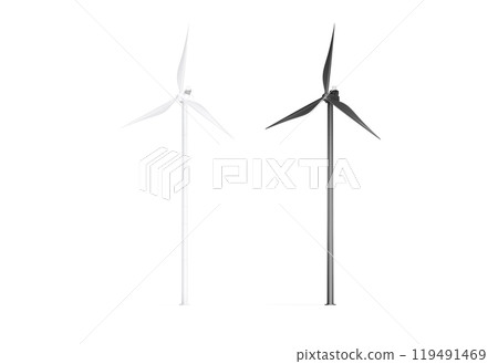Blank black and white wind turbine mockup, side view Blank black and white wind turbine mockup, side view 119491469