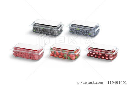 Blank transparent plastic box with berries mockup, half-turned view 119491491
