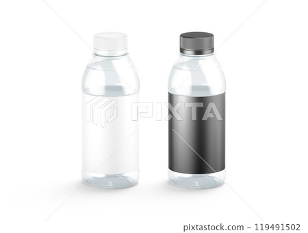Blank 16 oz plastic water bottle black and white label mockup Blank 16 oz plastic water bottle black and white label mockup 119491502
