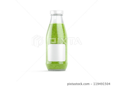 Blank transparent glass kiwi smoothie bottle with white label mockup 119491504