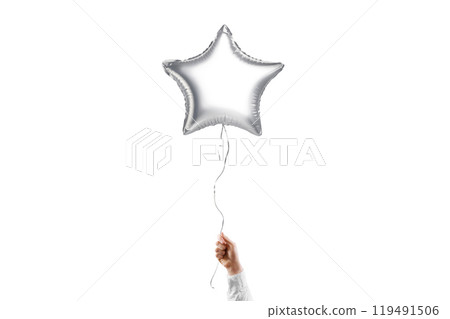 Hand holding blank silver star balloon mockup, isolated Hand holding blank silver star balloon mockup, isolated 119491506