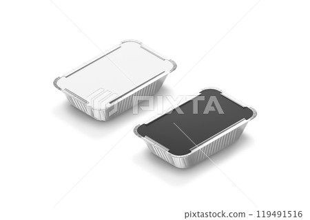 Blank black and white aluminium foil container mockup, half-turned view 119491516
