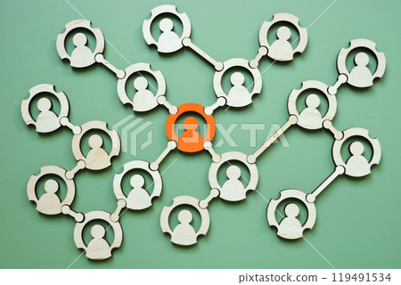 Network of abstract figures with one standing out. Individuality and collaboration. 119491534