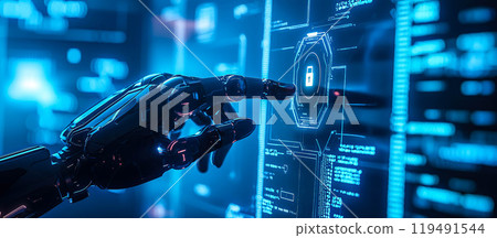 A robot hand points towards a holographic display showcasing cyber security symbols. The intersection of Artificial Intelligence, cyber security, and global communication technology. Generative AI. 119491544
