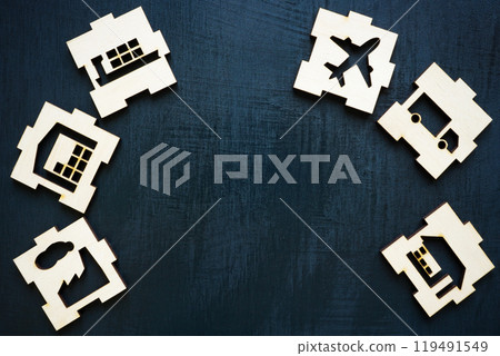 Puzzle pieces with supply chain and logistics. Symbolizes operational efficiency. Puzzle pieces with supply chain and logistics. Symbolizes operational efficiency. 119491549