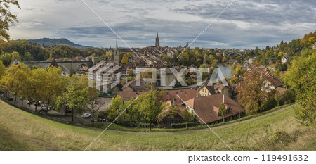 Bern (Berne) Switzerland panorama city skyline at old town and Aare River in autumn season 119491632