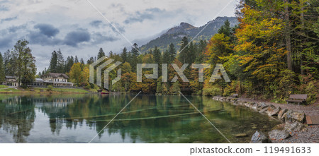 Blausee Switzerland, nature landscape at blue lake in autumn season 119491633