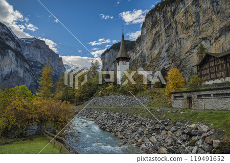 Lauterbrunnen Switzerland at village valley in autumn season 119491652