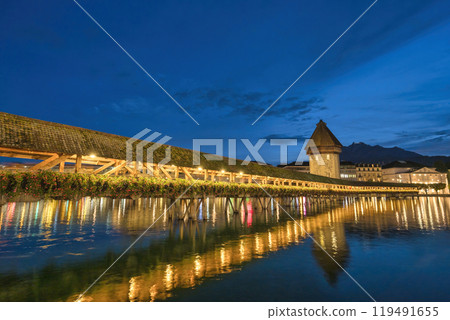 Lucerne (Luzern) Switzerland night city skyline at Chapel Bridge Lucerne (Luzern) Switzerland night city skyline at Chapel Bridge 119491655
