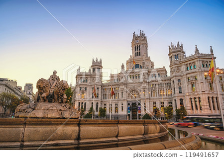 Madrid Spain, sunrise city skyline at Cibeles Fountain Town Square 119491657