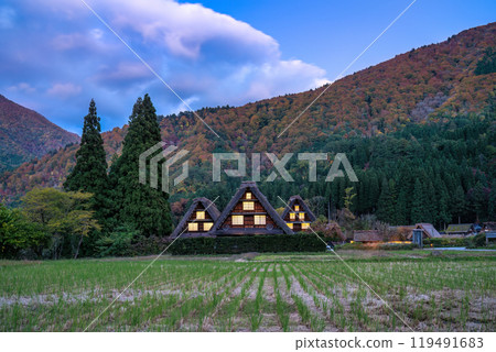 Shirakawago village Gifu Japan panorama, Historical Japanese traditional Gassho house at Shirakawa village in autumn foliage season 119491683
