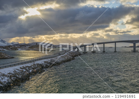 Tromso Norway sunset winter nature landscape at Sommaroy bridge 119491691