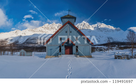 Tromso Norway panorama winter nature landscape mountain at Lakselvbukt with church Tromso Norway panorama winter nature landscape mountain at Lakselvbukt with church 119491697