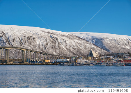 Tromso Norway city skyline at harbor with Arctic Cathedral Tromso Norway city skyline at harbor with Arctic Cathedral 119491698