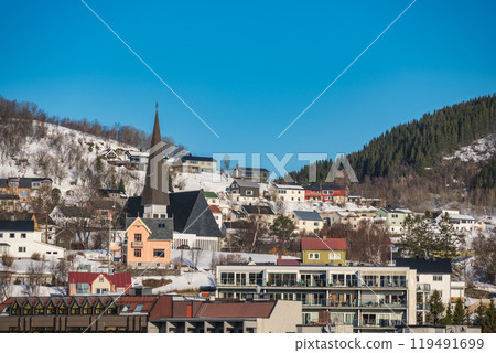Harstad Norway skyline at city center and harbor 119491699