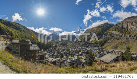 Zermatt Switzerland panorama city skyline at valley and Matterhorn mountain peak in autumn season 119491702